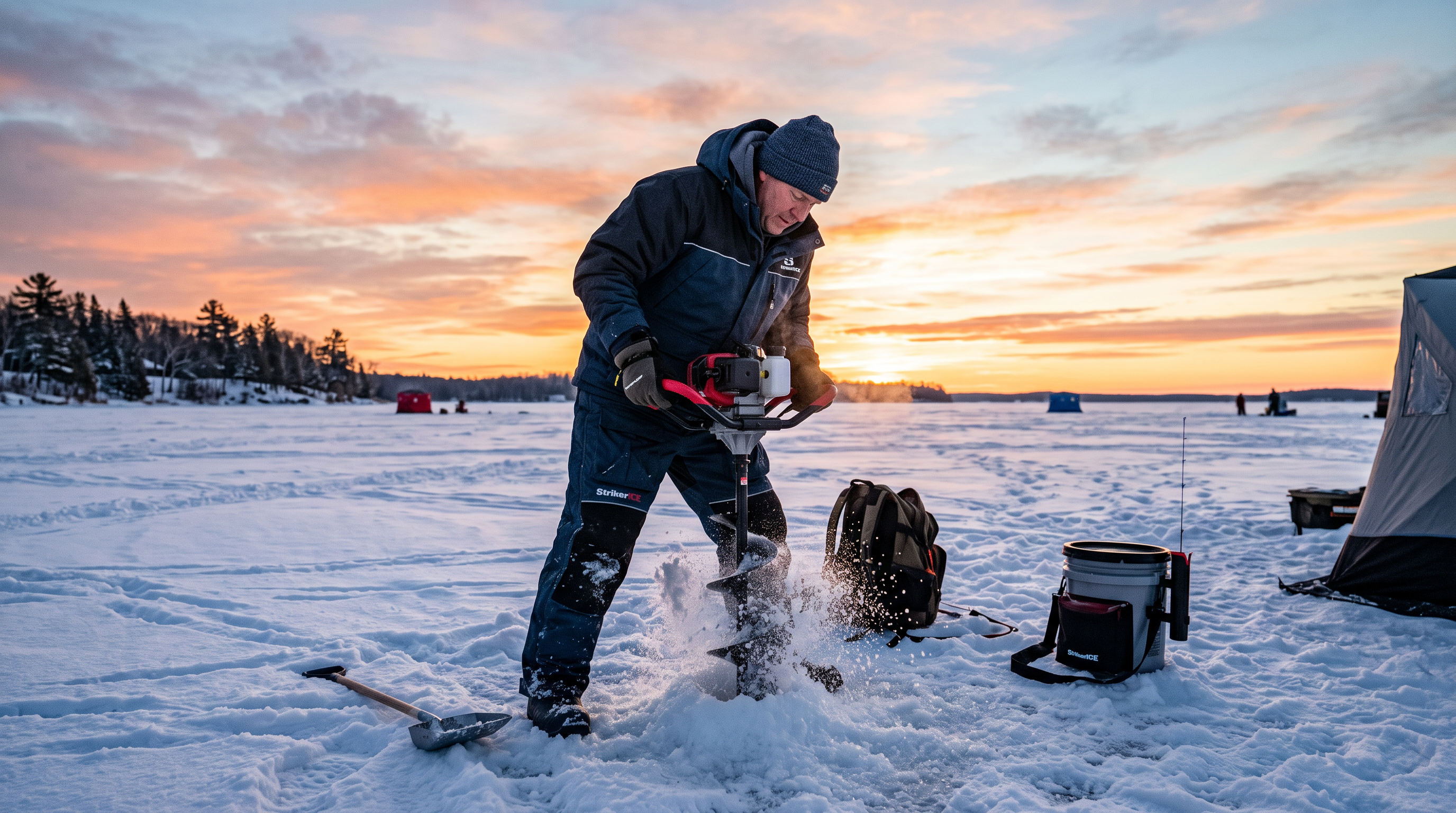 Expert ice angler on frozen lake with IceGearPro equipment