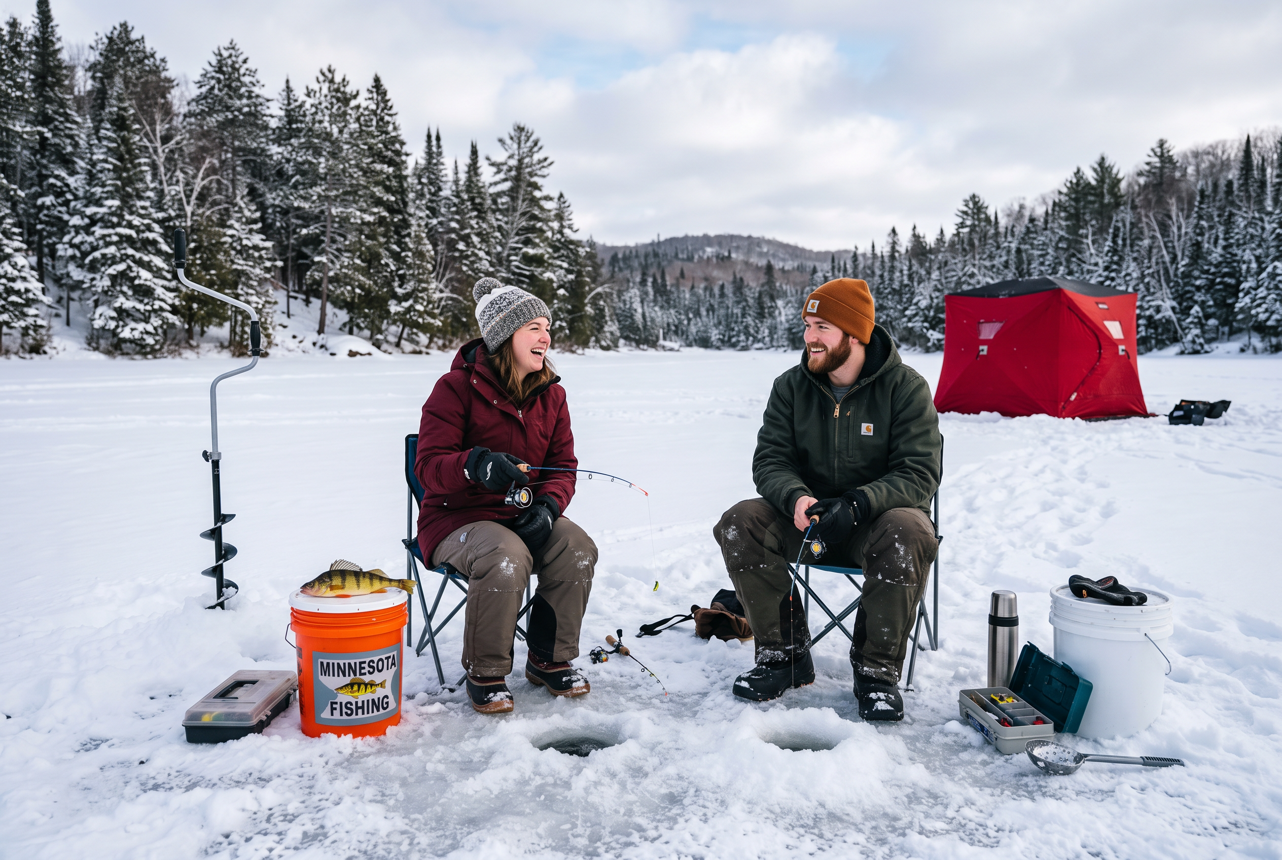 Friends ice fishing together on frozen lake
