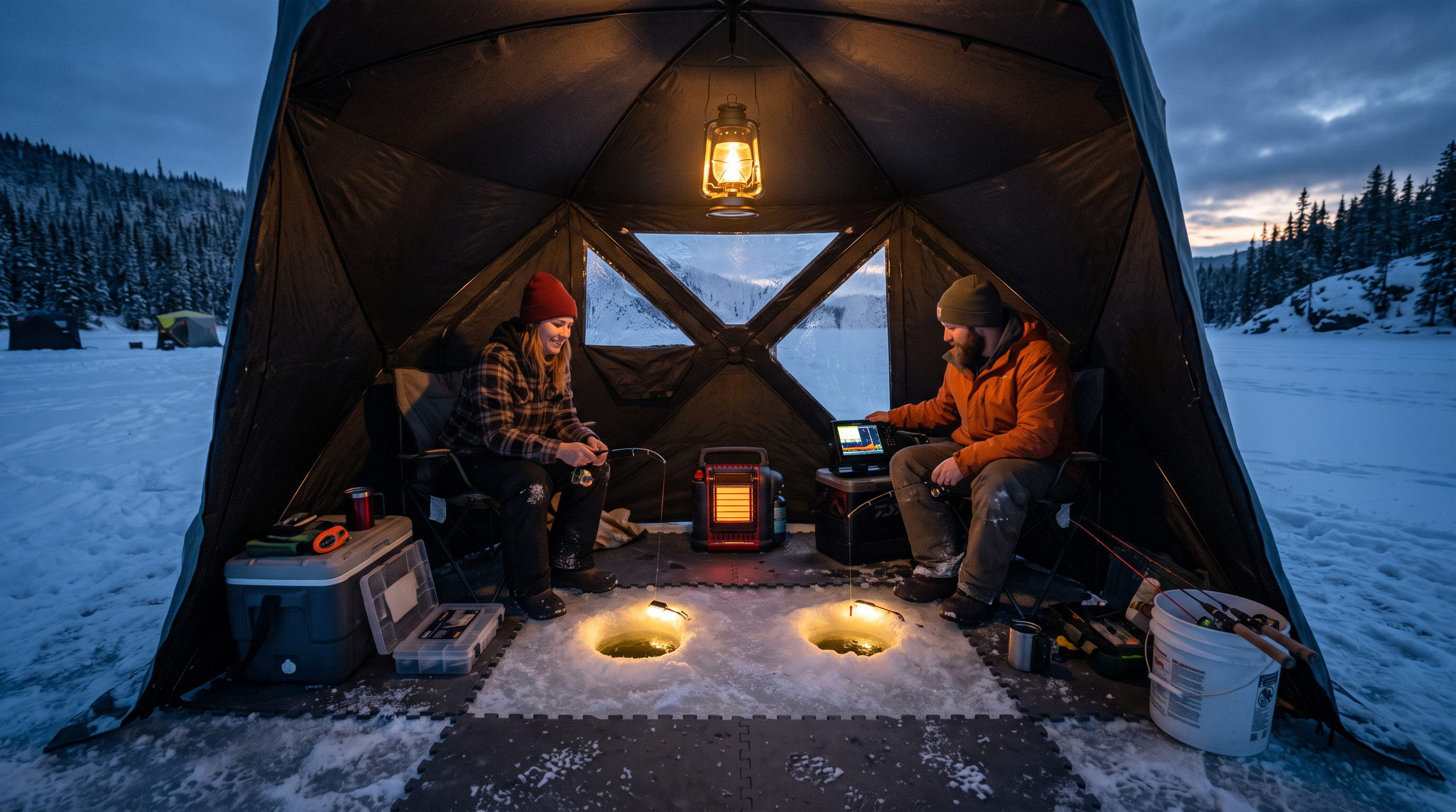 Ice fishing shelter setup on lake